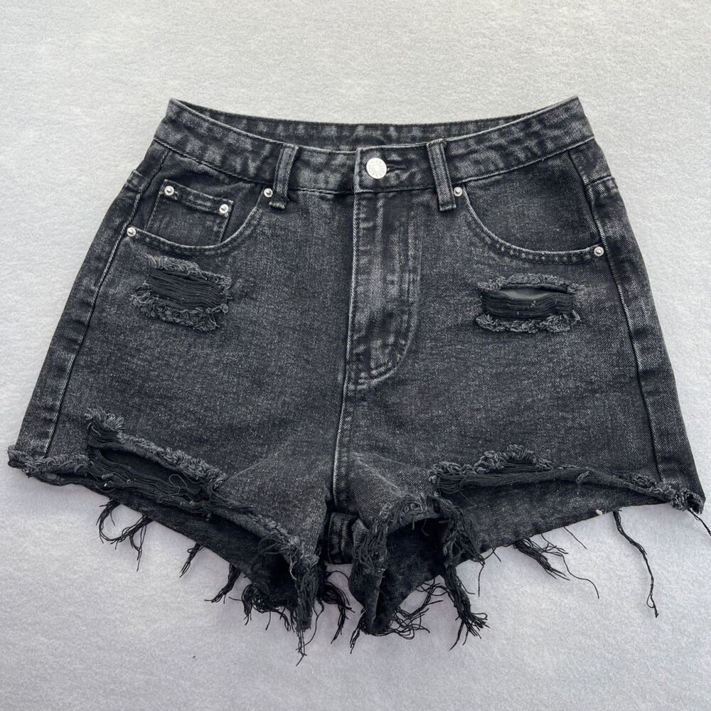 Shein Jean Shorts Womens Size M Black Distressed Denim High Rise Frayed Hem 6